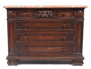 Marble Top Carved Wood Chest of Drawers