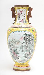 Asian Enameled Vase with Temple Landscape