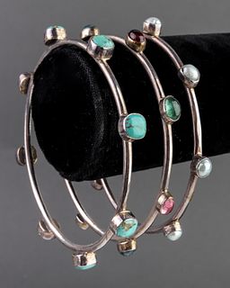 Silver, Stone, & Pearl Bangle Bracelets, 3
