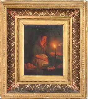 Illegibly Signed "Woman by Candlelight" Oil