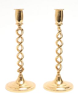 Modern Brass Double Helix Candlesticks, Pair
