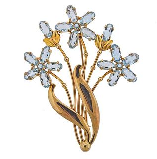 1940s Retro Tiffany &amp; Co 14K Gold Aquamarine Flower Brooch Pin