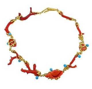 Murat 18K Gold Coral Turquoise Necklace 