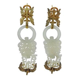 14K Gold Carved Jade Drop Earrings