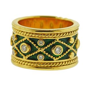 18K Gold Diamond Enamel Wide Band Ring