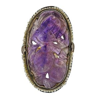 Antique Gold Silver Seed Pearl Carved Amethyst Ring 