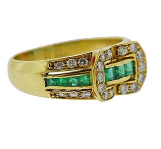 18K Gold Diamond Emerald Band Ring 