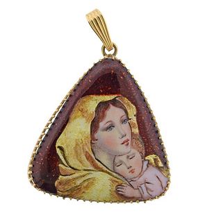 14k Gold Hand Painted Miniature Portrait St. Mary Pendant 