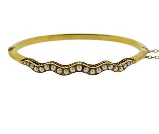 Antique 14k Gold Pearl Wave Bangle Bracelet 