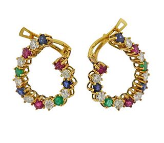 18K Gold Diamond Multi Color Gemstone Swirl Earrings