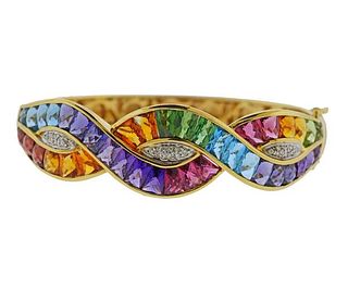 18K Gold Diamond Multi Color Gemstone Bangle Bracelet