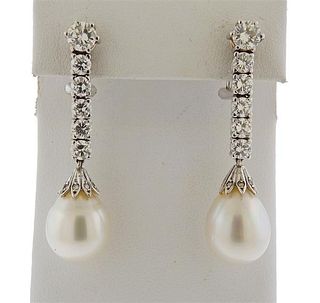 18K Gold 4.00ctw Diamond Pearl Drop Earrings