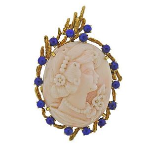 14K Gold Coral Cameo Lapis Pendant Brooch