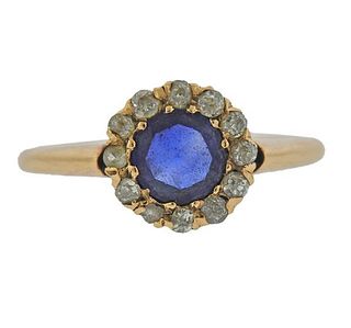Antique 14K Gold Diamond Blue Stone Ring 