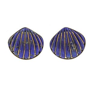 14K Gold Lapis Seashell Motif Earrings