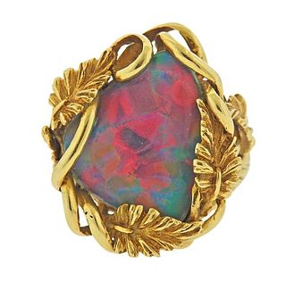 1970s 14K Gold Opal Leaf Motif Ring