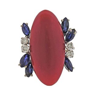 18K Gold Diamond Coral Sapphire Ring