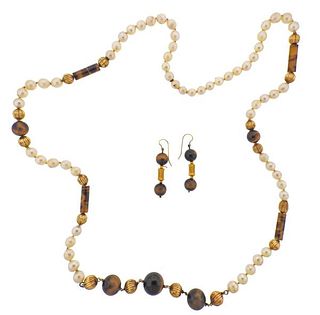 14k Gold Pearl Tiger&#39;s Eye Necklace Earrings 