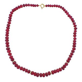 14K Gold Diamond Ruby Bead Necklace