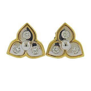 Italian 18k Two Tone Gold Diamond Stud Earrings