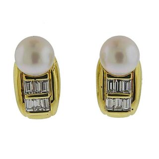 Italian 18k Gold Diamond Pearl Earrings