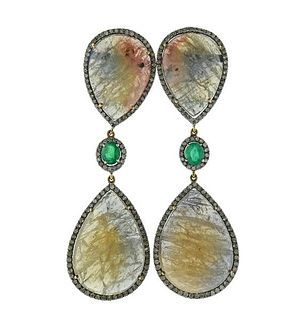 Sapphire Diamond Emerald Silver 14k Gold Drop Earrings