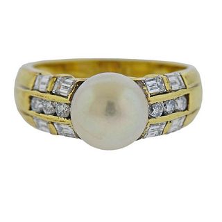 Modern Italian 18k Gold Diamond Pearl Ring