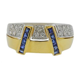 Italian 18k Two Tone Gold Diamond Sapphire Ring