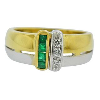 Italian 18k Two Tone Gold Diamond Emerald Band Ring
