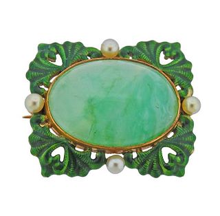 Antique Art Nouveau 18k Gemstone Pearl Enamel Brooch Pin