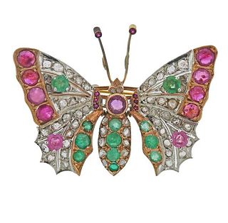 14k Gold Diamond Ruby Emerald En Tremblant Butterfly Brooch 