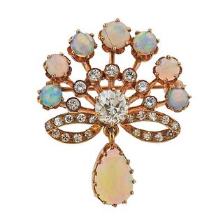 14k Gold Diamond Opal Brooch Pendant 