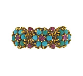 1960s 18K Gold Ruby Turquoise Floral Ring