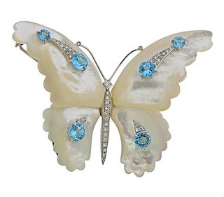 18k Gold Mother of Pearl Diamond Topaz Butterfly Brooch 