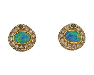 14K Gold Diamond Opal Emerald Earrings