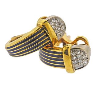 18k Gold Enamel Diamond Half Hoop Earrings 