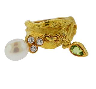 Designer Signed 18k Gold Pearl Diamond Peridot Charm Ring 