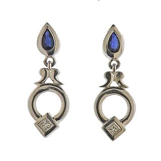 Platinum Diamond Sapphire Drop Earrings 