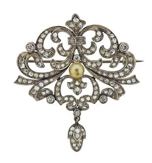 Antique 18k Gold Diamond Pearl Brooch Pendant 