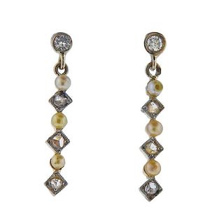 14k Gold Diamond Pearl Drop Earrings 