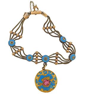 Antique Gold Blue Enamel Charm Bracelet 