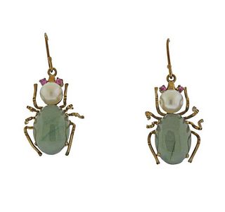 Antique Vermeil Jade Pearl Ruby Insect Earrings 