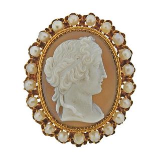 Antique 14k Gold Pearl Agate Cameo Brooch 