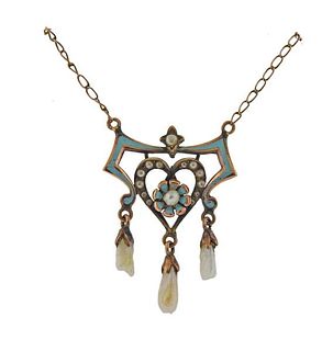 Antique Victorian 10k Gold Pearl Enamel Lavalier Necklace 