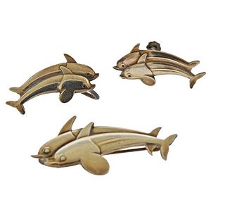 Georg Jensen Sterling Dolphin Earrings Brooch Set No. 317 129