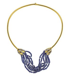 18k Gold Diamond Sapphire Bead Pearl Necklace 