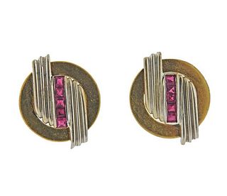 Mid Century 14K Two Tone Gold Red Stone Earrings