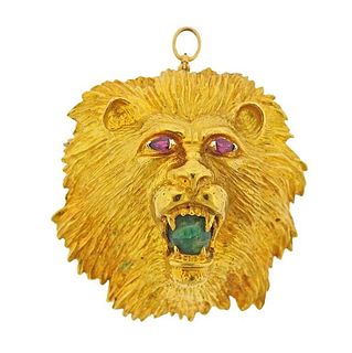 18K Gold Ruby Emerald Lion Pendant Brooch 