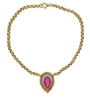 14k Gold 25ct Pink Tourmaline Diamond Pendant Necklace 