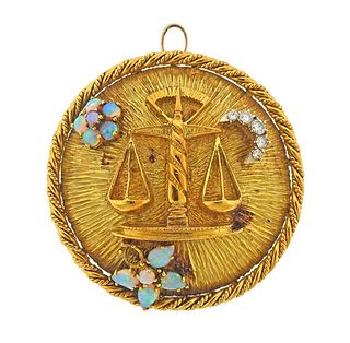 1970s 18k Gold Opal Diamond Libra Zodiac Sign Pendant 